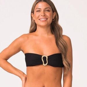 BANDEAU Strapless Black With Gold Tone Accent Bikini Top Only Size S.
